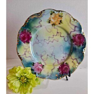 Vintage Hand-Painted Plate With Roses 22kt Gold Trim Scalloped Edge Multi-Color